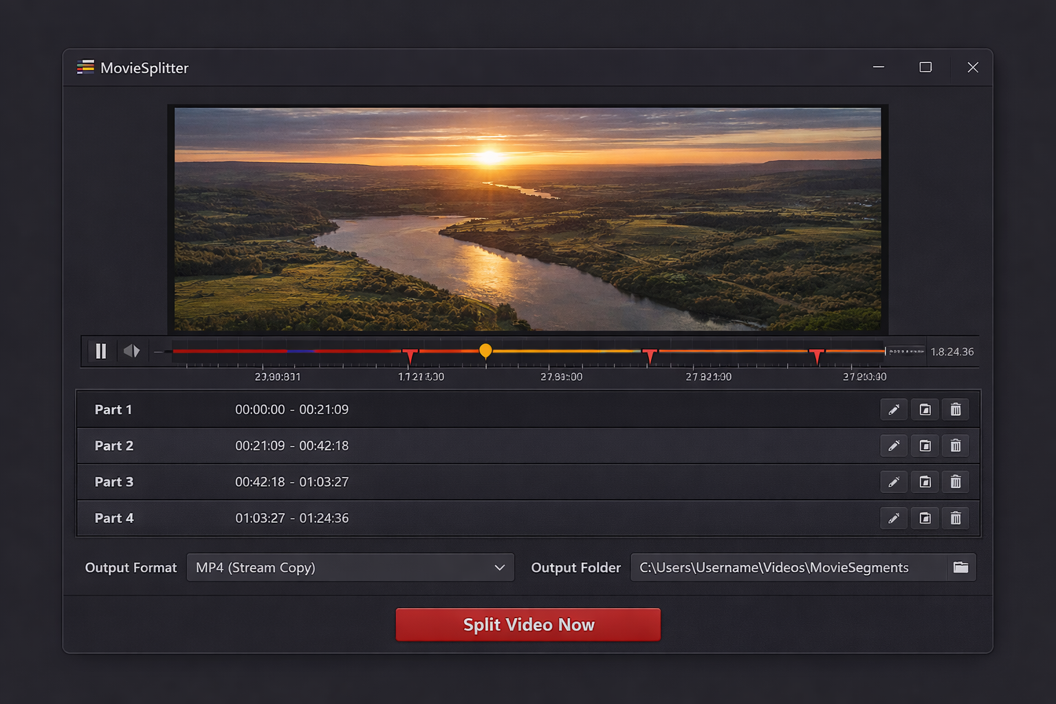 Movie Splitter showing a video timeline with four split segments marked in red, the segment list below and the split output settings panel